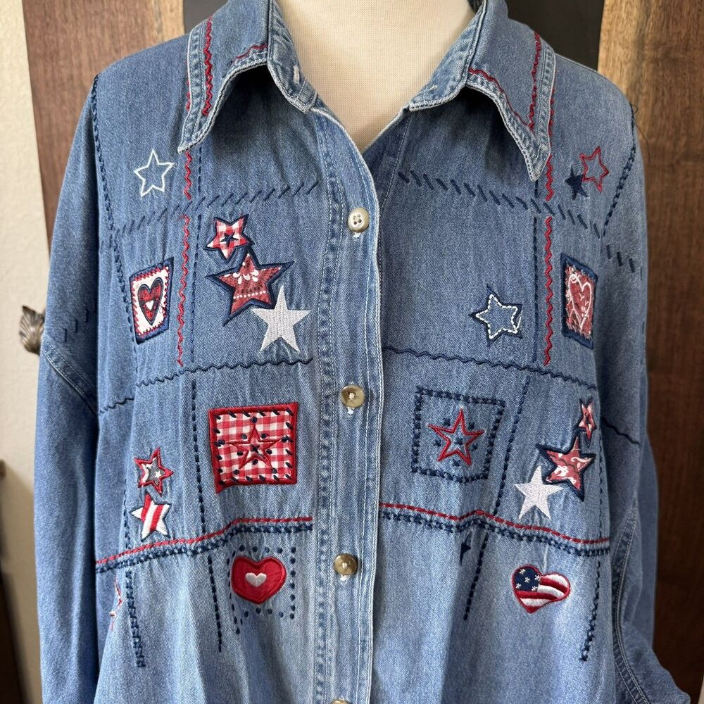 CST Blues Grannycore Jean Button Down Cotton Shirt Patriotic Embroidered Denim
